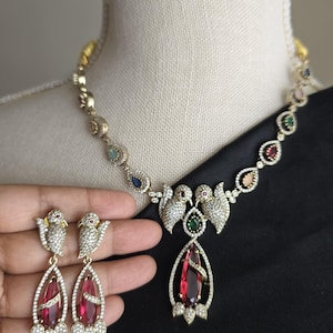 Indian Multi stone Necklace Earrings Set Victorian Mehendi Polish – Bird Pattern Party Wear