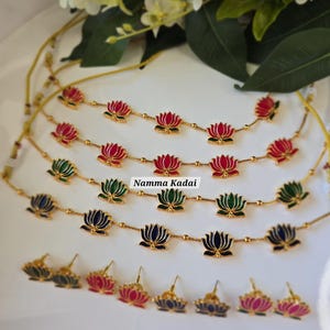 INDIAN LOTUS CHOKER Jewelry Invisible Chain Set with Enamel Work  Festive Party Jewelry