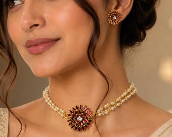 Gargantilla de perlas indias, hecha a mano con piedras kundan, joyería para fiestas, accesorio para niñas, regalos de Navratri Mehendi.