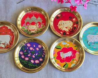 Brass Pichwai Plates Indian Pooja gifts Decor, Return Gift, Housewarming, Wedding, Baby Shower
