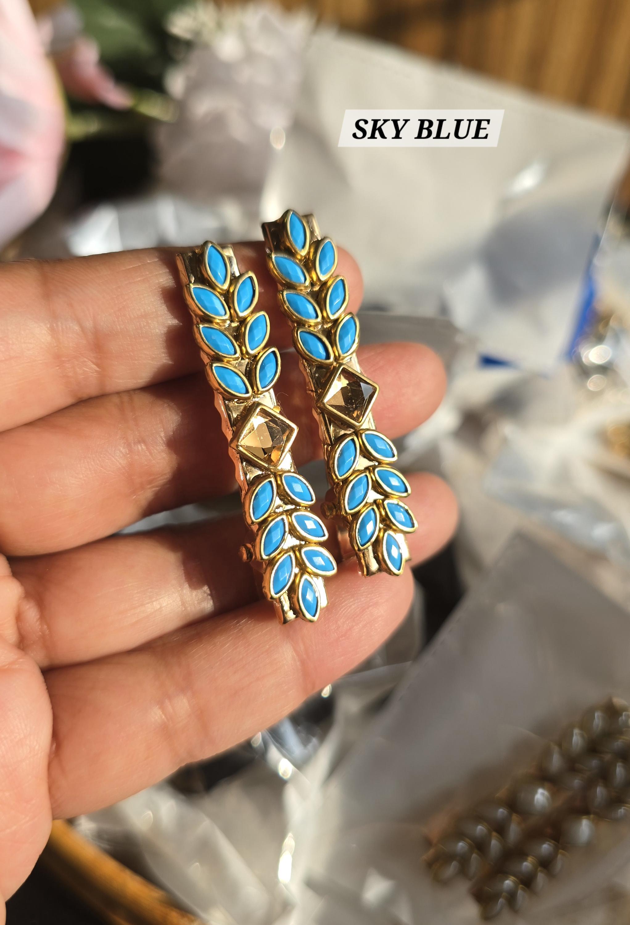 Indian Kundan Hair Clips, Bridal Hair Accessory Pair, Sky Blue