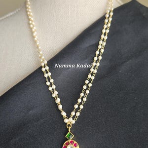 Layered Pearl Jadau Kundan Mango Pendant Chain with Ruby Kemp Stones
