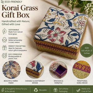 May include: A square Korai grass gift box measuring 6.5 x 6.5 x 3 inches. The lid features a cream fabric top with a blue, red, and yellow floral pattern. The base is woven from natural grass with a purple and gold decorative border trim.