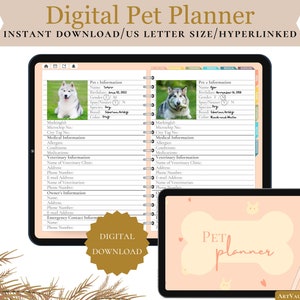 May include: Digital pet planner featuring a light pink bone design with the text "PET planner". The planner includes sections for pet details, medical information, and vet contacts. The words "Digital Pet Planner" and "Instant Download" are at the top.