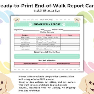 Informe de calificaciones de perros imprimible, informe de calificaciones de mascotas editable, plantilla para pasear perros, informe de calificaciones de paseador de perros, formularios para cuidadores de mascotas, informe de fin de paseo