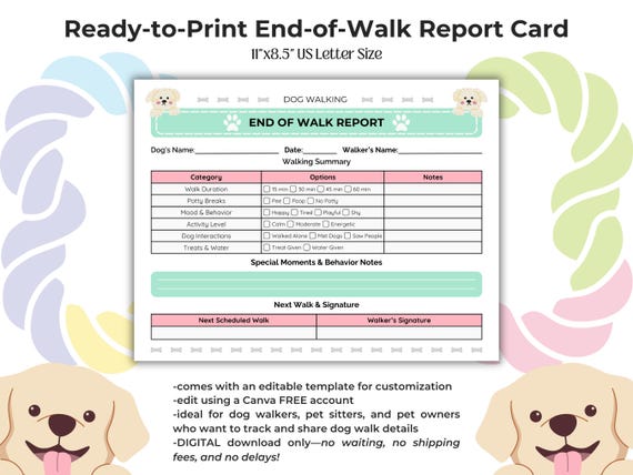 Printable Dog Report Card, Editable Pet Report Card, Dog Walking Template, Dog Walker Report Card, Pet Sitter Forms, End of Walk Report