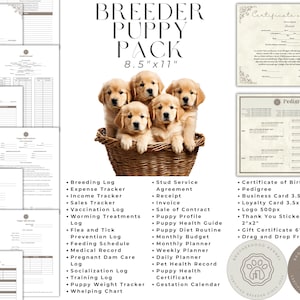 Ultimate Breeder Puppy Pack, editável na conta gratuita do Canva, Pedigree, certidão de nascimento do filhote, contrato de venda, registro de vacinação do filhote, canino