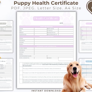 Certificado de salud para cachorros imprimible, Certificado de salud para perros, Certificado de salud para mascotas, A4, Tamaño de carta de EE. UU., Formulario de cachorro de descarga instantánea, Criador