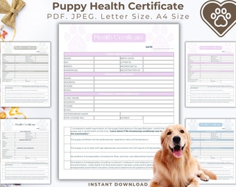 Puede incluir: Plantilla de certificado de salud para cachorros imprimible en formato PDF y JPEG. El certificado incluye secciones para la información del cachorro, la información del veterinario y una lista de verificación de examen de salud. La plantilla está diseñada para papel tamaño carta y A4.