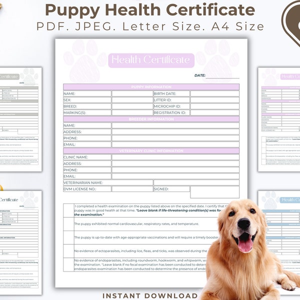 Printable Puppy Health Certificate, Dog Health Certificate, Pet Health Certificate, A4, US Letter Size, Instant Download Puppy Form, Breeder