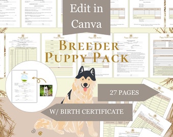May include: A collection of printable documents for a puppy breeder, including health records, a weekly planner, and a puppy sale contract. The design features a cartoon dog and the text "BREEDER PUPPY PACK" and "W/ BIRTH CERTIFICATE".
