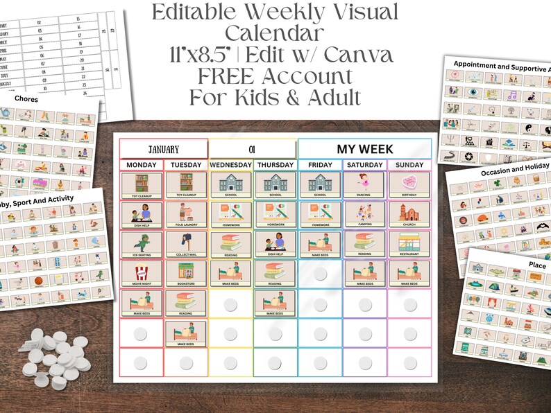 Weekly Visual Calendar, Editable Visual Calendar, Visual Schedule for