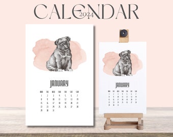 Desk Calendar 2024, Printable Paws Calendar, Instant Download Dog Calendar, Printable Desk Calendar 2024, 4x6 Desk Calendar