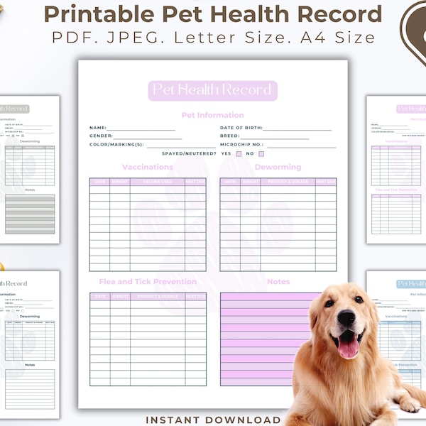 Printable Pet Health Record, Shots Log, Vaccination Record, Canine Health Tracker, Dog Breeder Form, Pet Record Instant Download, Puppy Shot