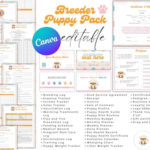 Ultimate Breeder Puppy Pack, editável na conta gratuita do Canva, Pedigree, certidão de nascimento do filhote, contrato de venda, registro de vacinação do filhote, retrô
