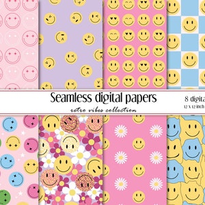 Juegos de papel digital retro / Fondo sonriente / Papel de álbum de recortes Y2k / Patrón sin costuras / Descarga instantánea