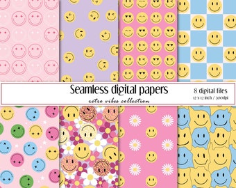Retro Digital Paper Sets | Smiley Background | Y2k Scrapbook Paper | Seamless Pattern | Instant Download