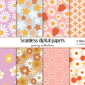 Groovy Digital Paper Sets | Retro Background | Floral Scrapbook Paper | Seamless Pattern | Instant Download