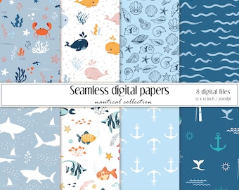 Marine Digital Paper Sets | Nautical Background | Nautical Scrapbook Paper | Seamless Pattern | Instant Download