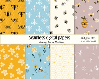 Juegos de papel digital de abeja / Fondo de miel y abeja / Papel de Scrapbook floral / Patrón sin costuras / Descarga instantánea