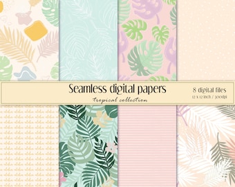 Juegos de papel digital tropical / Fondo de hojas tropicales / Papel de Scrapbook de hojas exóticas / Patrón sin costuras / Descarga instantánea