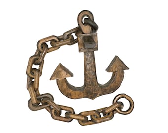 vintage hand-carved wooden anchor and chain