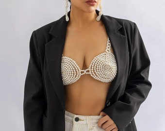 Pearl bra,Hand made pearl top,Body jewelry,Festival outfit, Chest bra, Birthday outfit, Bra chain,Festival clothing,Outfit for a photo shoot