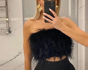 Feather top, party top, real ostrich feather top, feather bride top, fur tube top, feather crop tops, plus fuzzy white crop, top plume