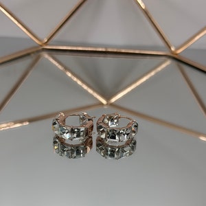 Rose Gold Square Crystal Hoop Earrings, Chunky Huggie Earrings