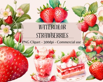 Paquete de imágenes prediseñadas de fresa de acuarela, imágenes prediseñadas PNG, descarga digital para uso comercial, diario basura, scrapbooking