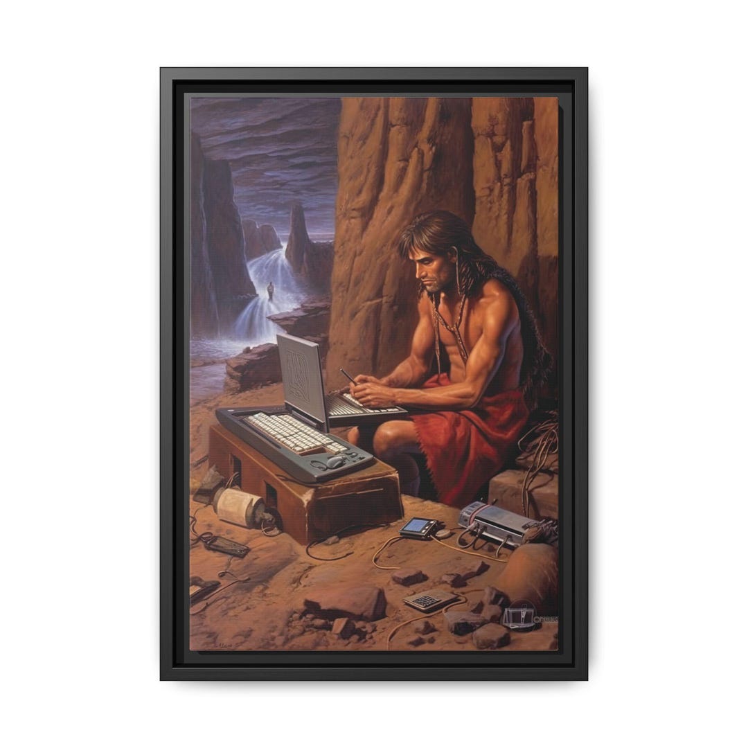 Caveman Tech Canvas Print | Funny Stone Age Digital Art (12x18 In) - Etsy
