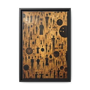 May include: Abstract art print featuring a gold background with black figures and shapes. The artwork is framed in a black rectangular frame. The figures vary in size and shape, creating a unique and intriguing composition.