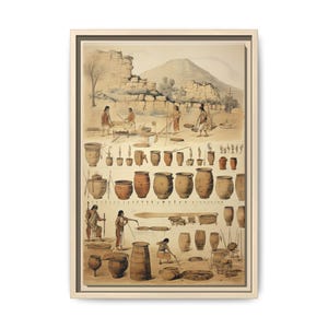 May include: A framed print depicting an ancient civilization scene. The artwork features figures in traditional attire, various pottery vessels, and a landscape with a mountain and ruins. The color palette includes earth tones and muted hues.