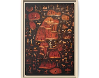 Moody Wall Art | Red and Black Rock Art Figures Print | Dark Tribal Cave Painting Framed Canvas | Eclectic Decor