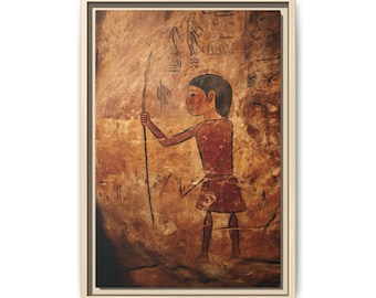 Rustic Wall Art | Young Hunter Cave Painting Print | Ochre Rock Art Framed Canvas | Earthy Kids Room Decor