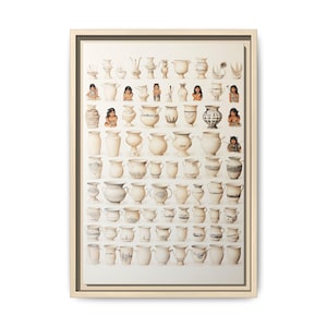 May include: A framed print featuring a collection of various pottery vessels in shades of white and cream. The artwork includes small illustrations of people interspersed among the pottery. The frame is a light wood color.