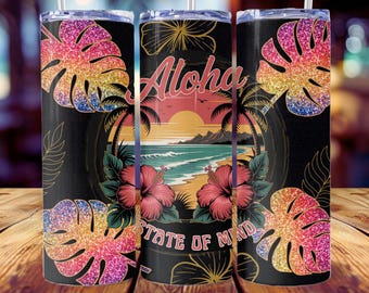 Aloha Tumbler Wrap PNG: Tropical Sunset Glitter Design (Digital Download)