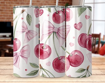Adesivo per bicchiere Coquette Cherry: design con fiocco rosa e cuore (download digitale)