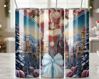 May include: Three stainless steel tumblers with straws, featuring a winter castle scene. The design includes a zipper effect revealing a castle, snow-covered trees, and ornaments. A light blue bow is at the bottom of the zipper.