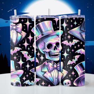 Holographic Skull Halloween Tumbler Wrap PNG: Spooky Skeleton, Bats (Digital Download)