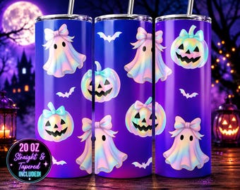 Pastel Halloween Tumbler Wrap PNG, Cute Ghost Pumpkin 20oz Skinny Tumbler, Spooky Sublimation Digital Download