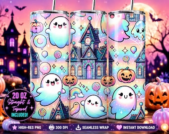 Kawaii Halloween Ghost Tumbler Wrap, Pastel Haunted House PNG (Digital Download)
