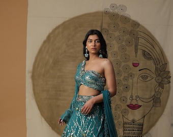 Indian Contemporary Lehnga set in teal blue for wedding occasions