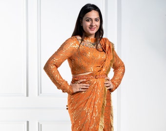 Indian Saree Orange Georgette Handembroidered Drape saree