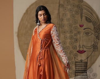 indian orange Angrakha fusion kurta set for wedding occasions