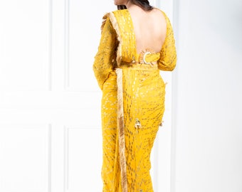 Indian Saree yellow Georgette Handembroidered Drape saree