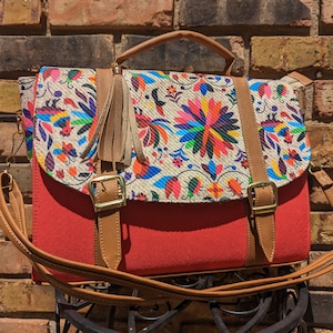 Mexican Floral Print Backpack, Striking Red and Colorful Folk Print Design Purse