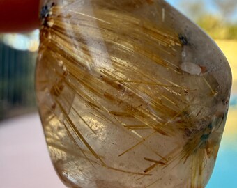 Premium Golden Rutilated Quartz Tumble Stone | Natural Rutile in Quartz from Brazil | Vintage Collector Crystal | Reiki Healing Stone