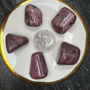 May include: Five tumbled stones with a pink and purple color and white streaks. The stones are on a white plate with a gold rim. A US quarter is in the center of the plate for scale.