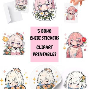 Chibi Anime Boho Mädchen Clipart Aufkleber, PNG Designs zum Drucken & T-Shirt-Dekor, niedliches Blumenthema, Digitaldrucke für Aufkleber und Abzeichen